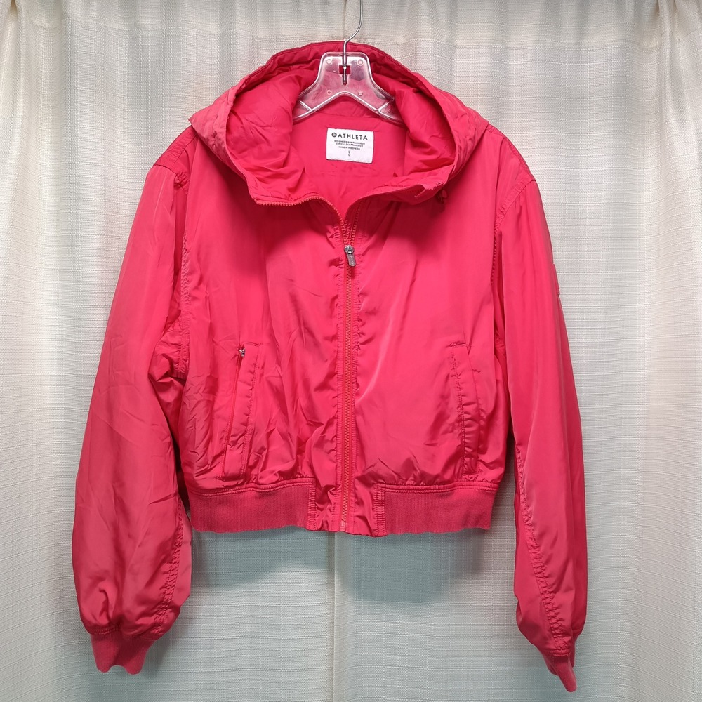 Athleta Womens L Pink Hooded Bomber Jacket Cropped Full Zip Windbreaker Logo